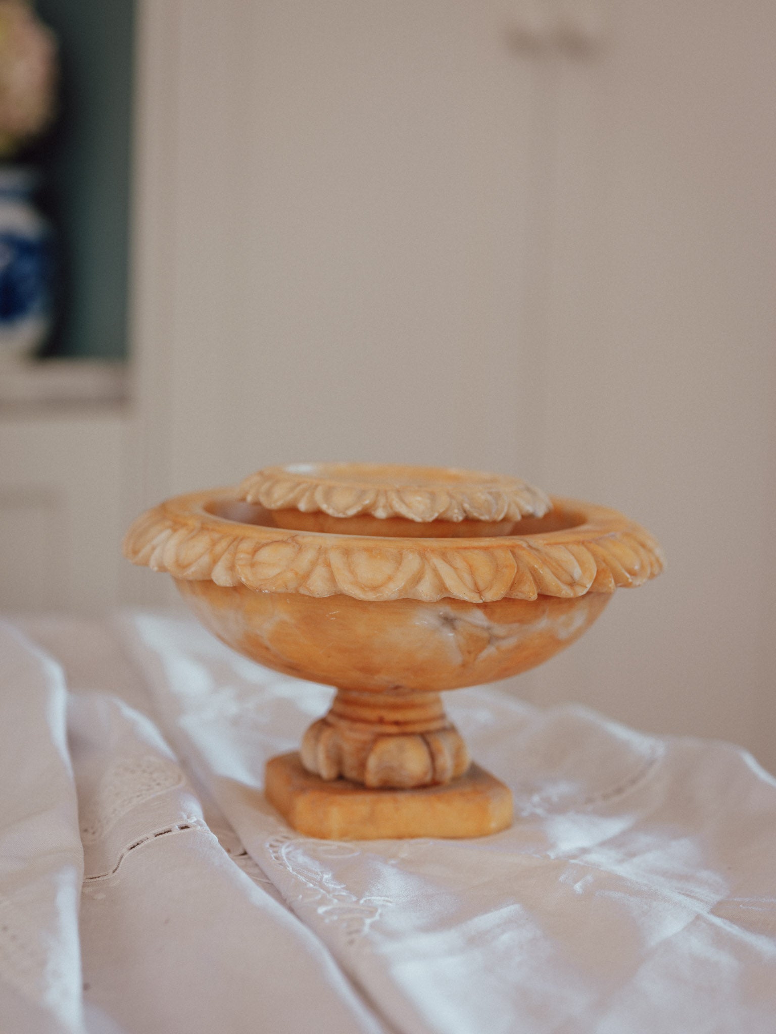 Vintage Carved Alabaster Pedestal Tazzas | Pair