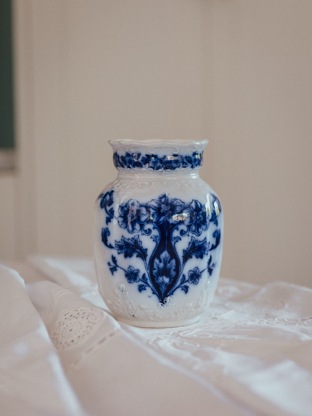 Antique Flow Blue Vase with Embossed Detail | "FB" Mark (14.5cm)