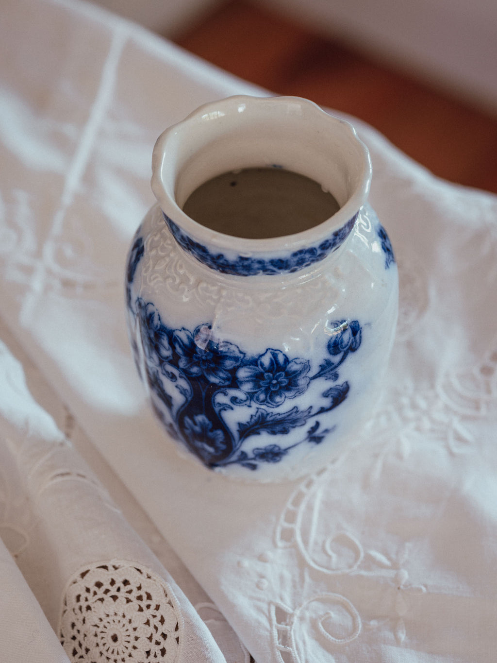 Antique Flow Blue Vase with Embossed Detail | "FB" Mark (14.5cm)