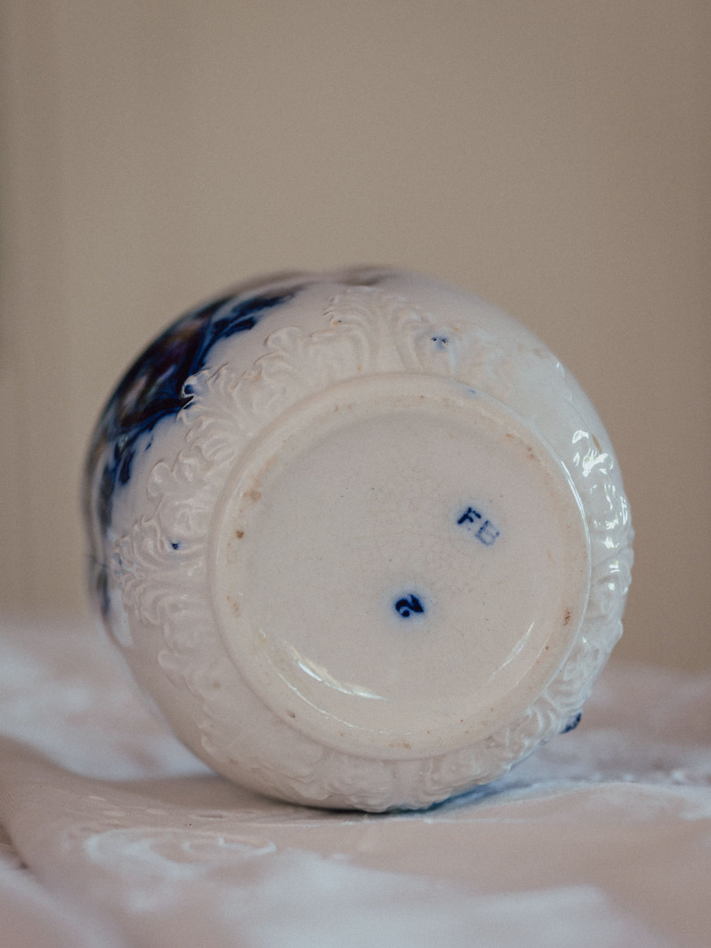 Antique Flow Blue Vase with Embossed Detail | "FB" Mark (14.5cm)