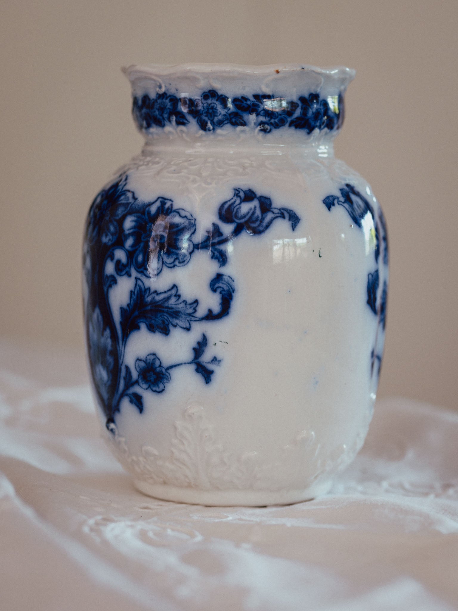 Antique Flow Blue Vase with Embossed Detail | "FB" Mark (14.5cm)