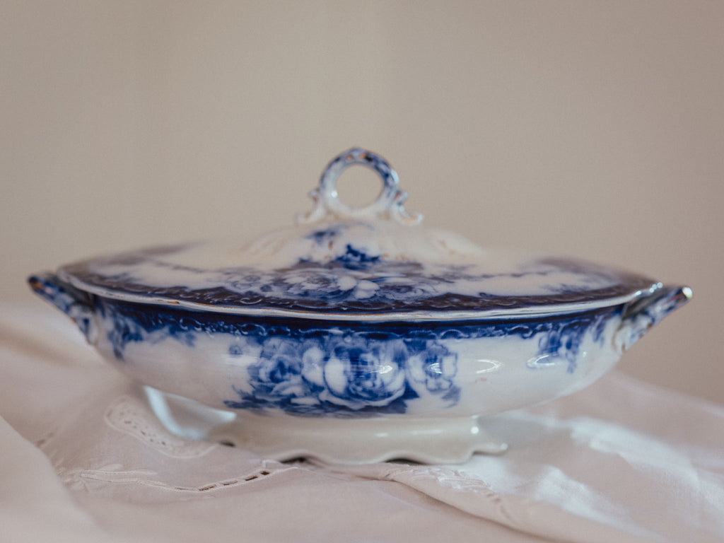 Large Antique Alfred Meakin "Ovando" Flow Blue Vegetable Tureen