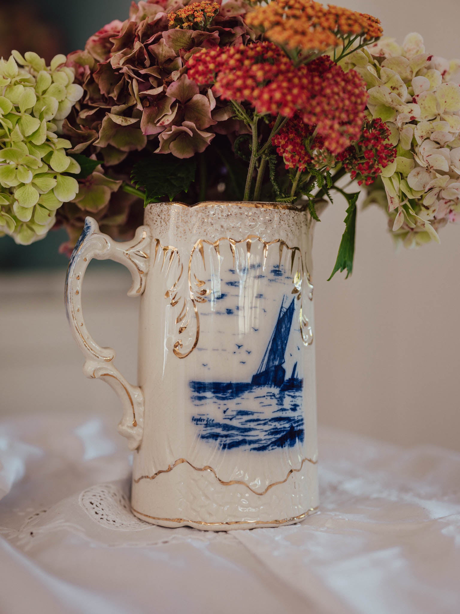 Vintage "Zuider Zee" Gilded Flow Blue Pitcher | Nautical Scene (c. 1910)