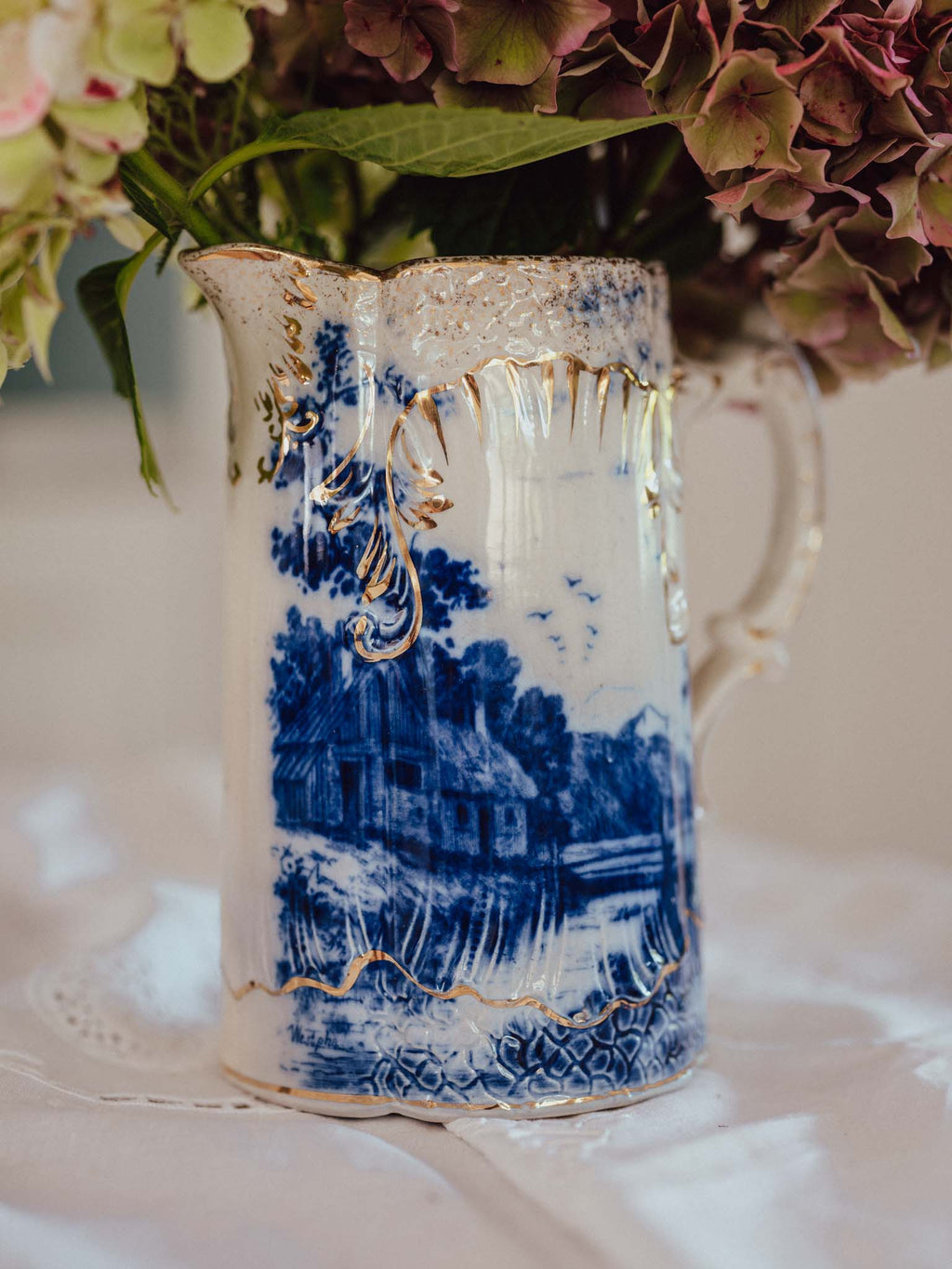 Vintage "Zuider Zee" Gilded Flow Blue Pitcher | Nautical Scene (c. 1910)