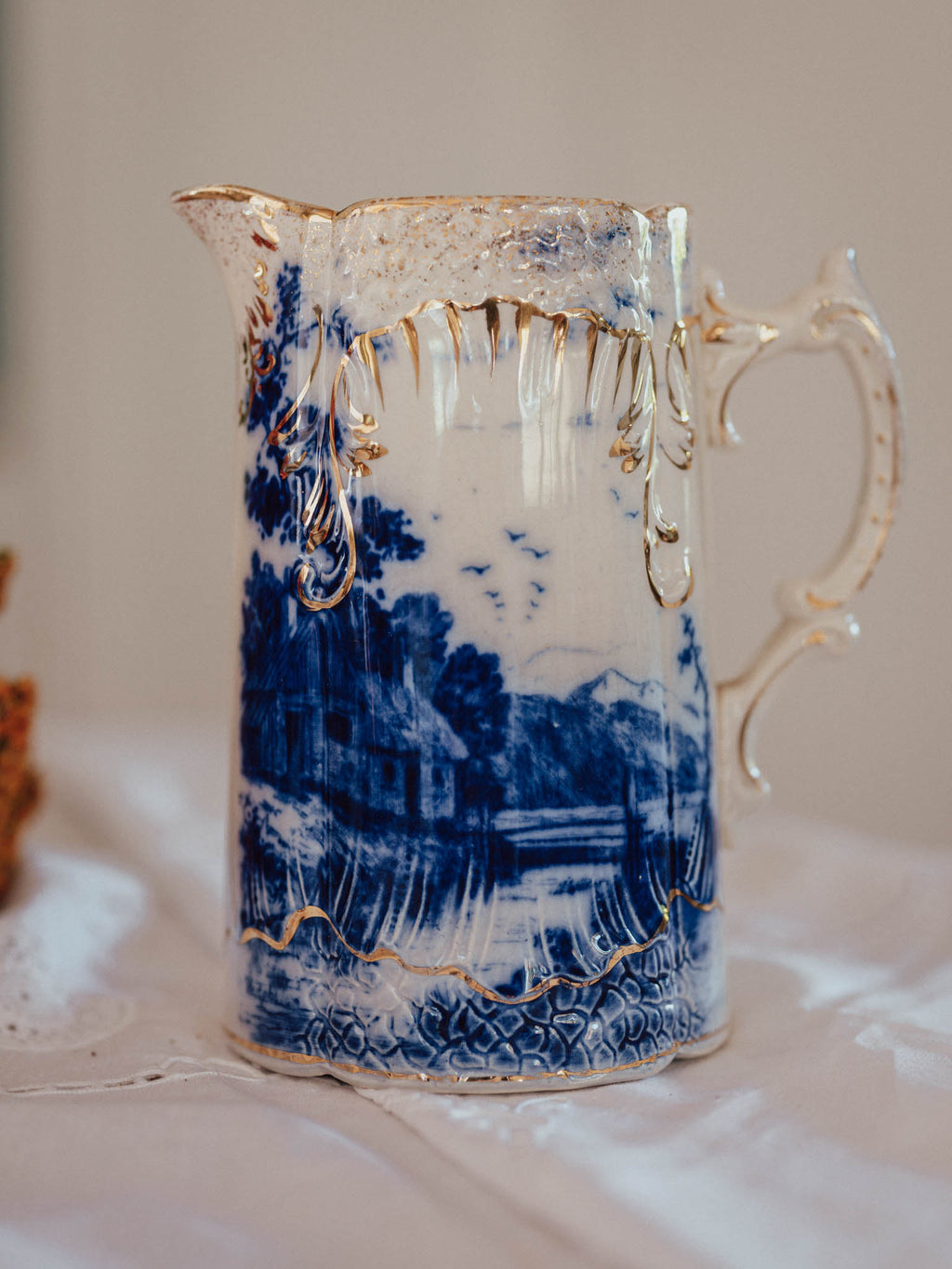 Vintage "Zuider Zee" Gilded Flow Blue Pitcher | Nautical Scene (c. 1910)