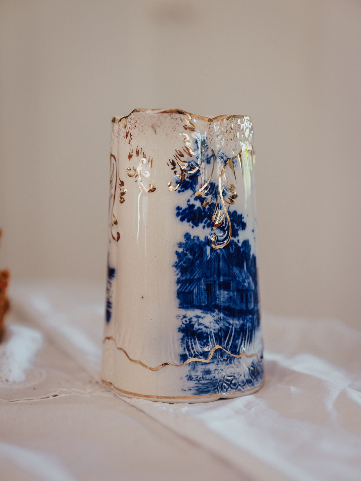 Vintage "Zuider Zee" Gilded Flow Blue Pitcher | Nautical Scene (c. 1910)