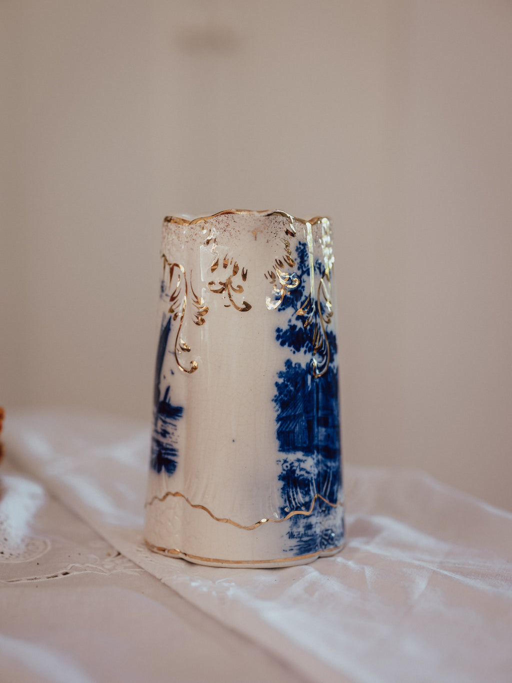 Vintage "Zuider Zee" Gilded Flow Blue Pitcher | Nautical Scene (c. 1910)