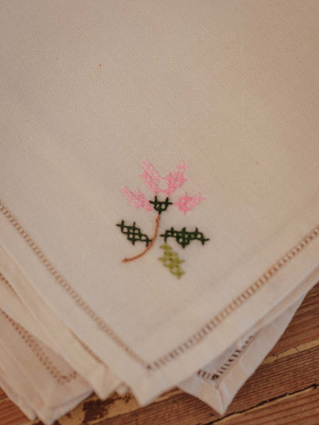 Vintage Hand-Embroidered Cross-Stitch Tea Napkins | Set of 7