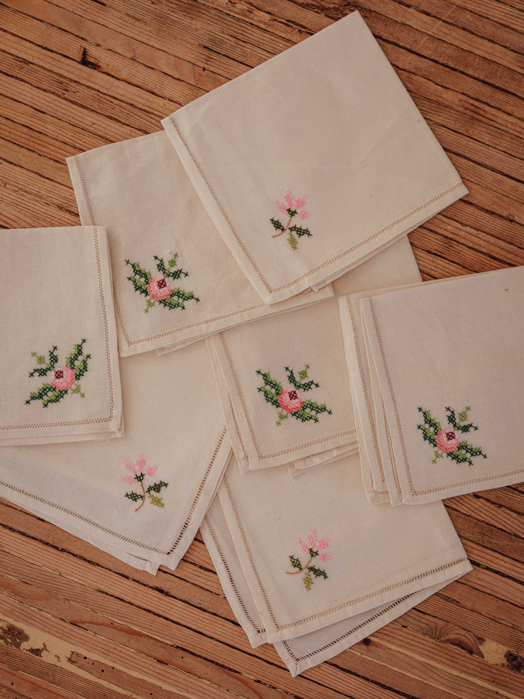 Vintage Hand-Embroidered Cross-Stitch Tea Napkins | Set of 7