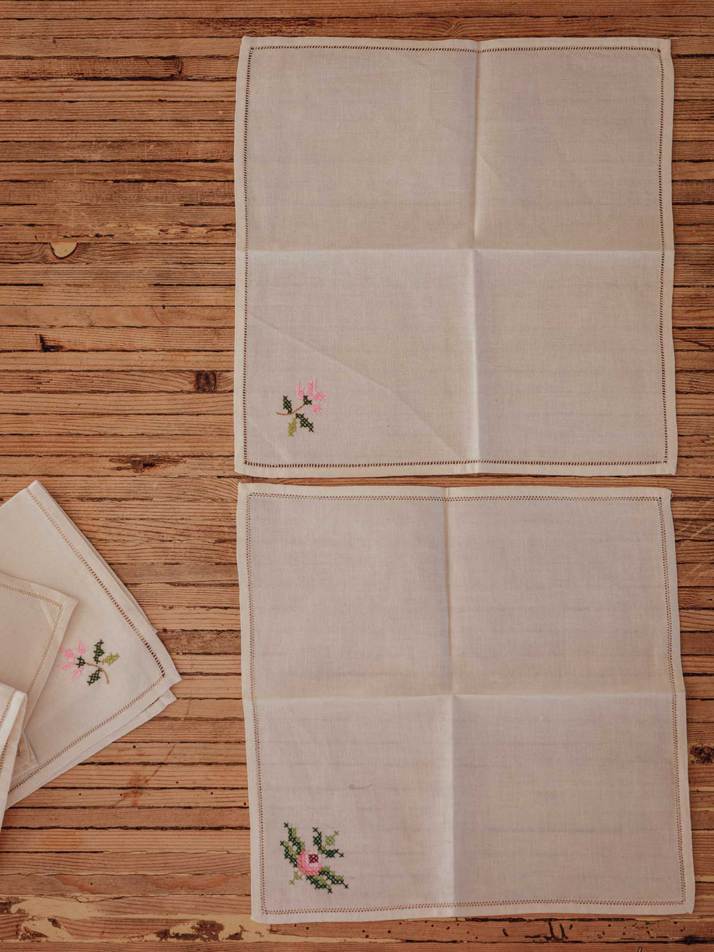 Vintage Hand-Embroidered Cross-Stitch Tea Napkins | Set of 7