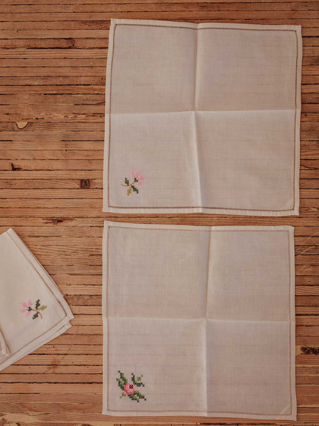 Vintage Hand-Embroidered Cross-Stitch Tea Napkins | Set of 7