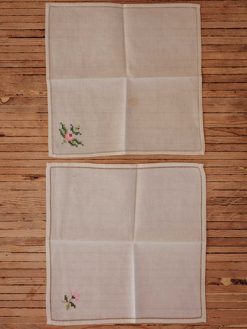 Vintage Hand-Embroidered Cross-Stitch Tea Napkins | Set of 7
