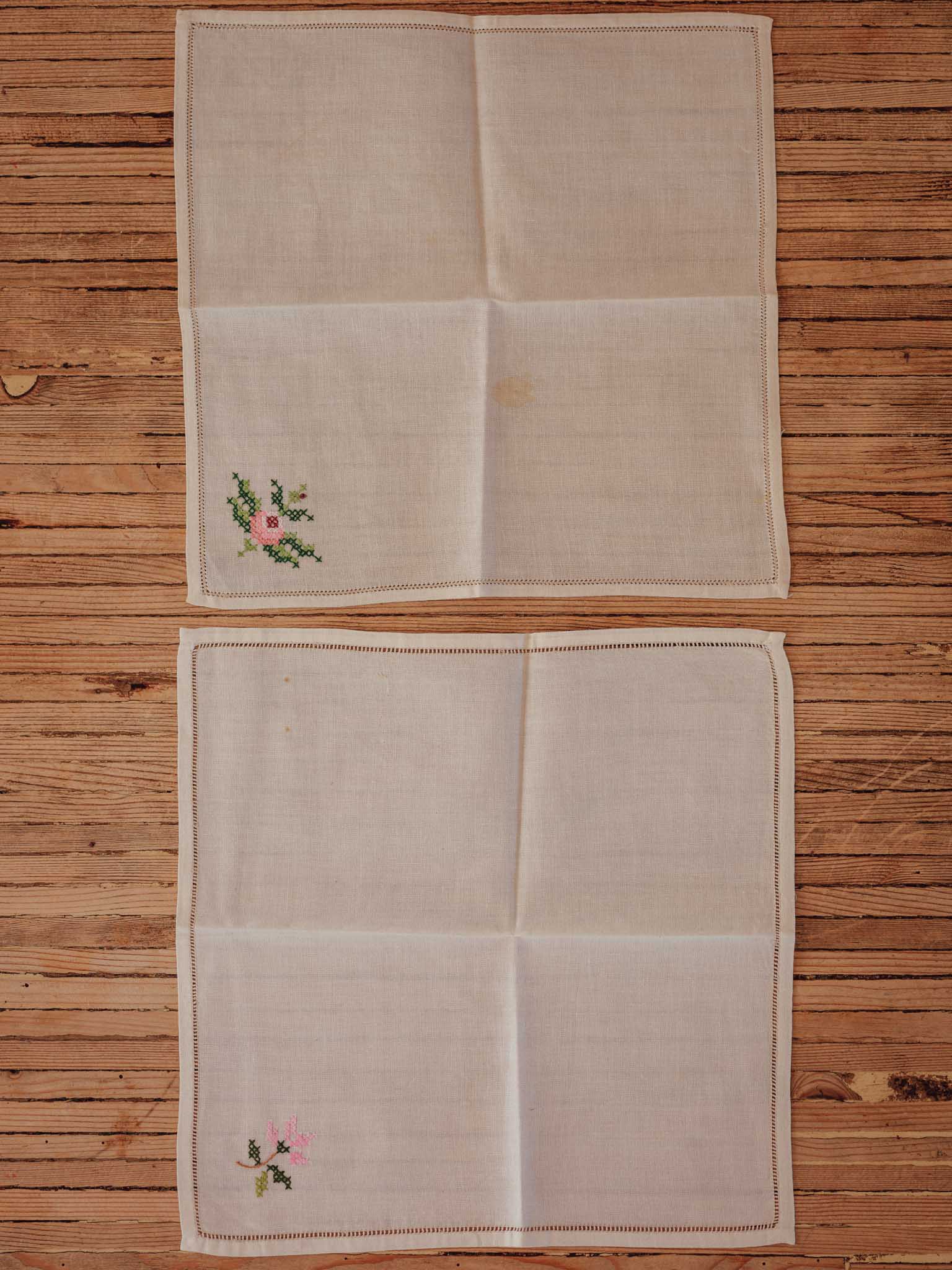 Vintage Hand-Embroidered Cross-Stitch Tea Napkins | Set of 7