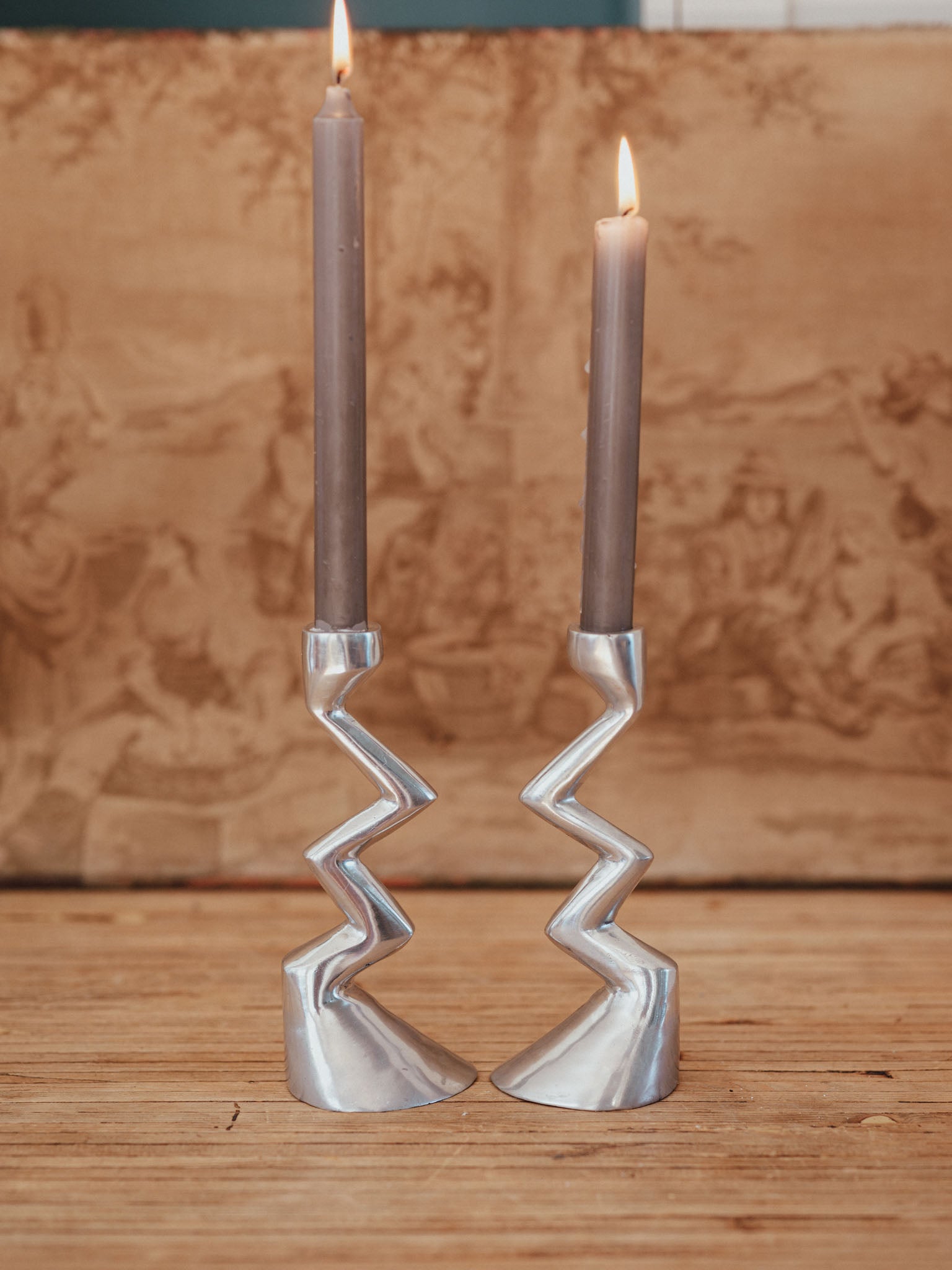 Vintage Aluminum Zigzag Candlestick Holders | Matthew Hilton Style