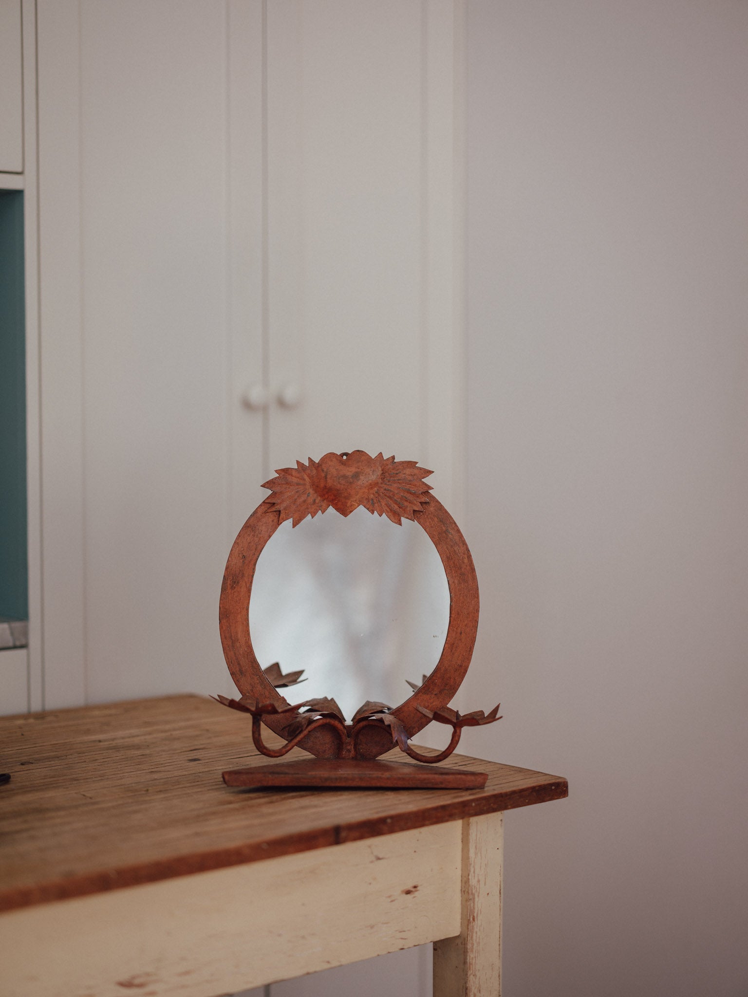 Vintage Rusted Iron Heart Mirror with Candle Holders