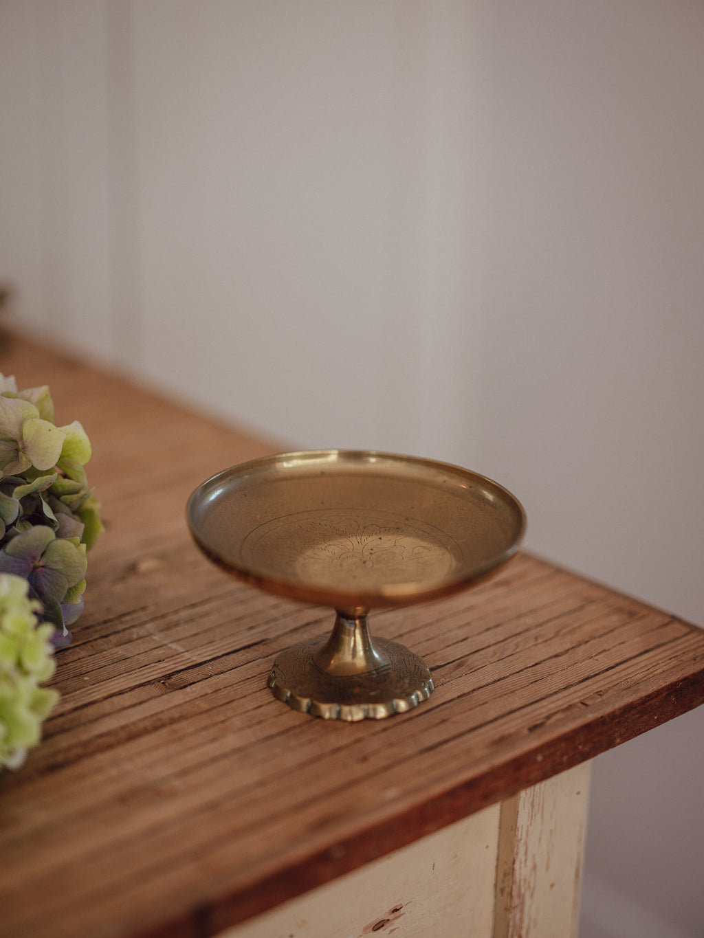 Vintage Etched Brass Pedestal Dish with Scalloped Base