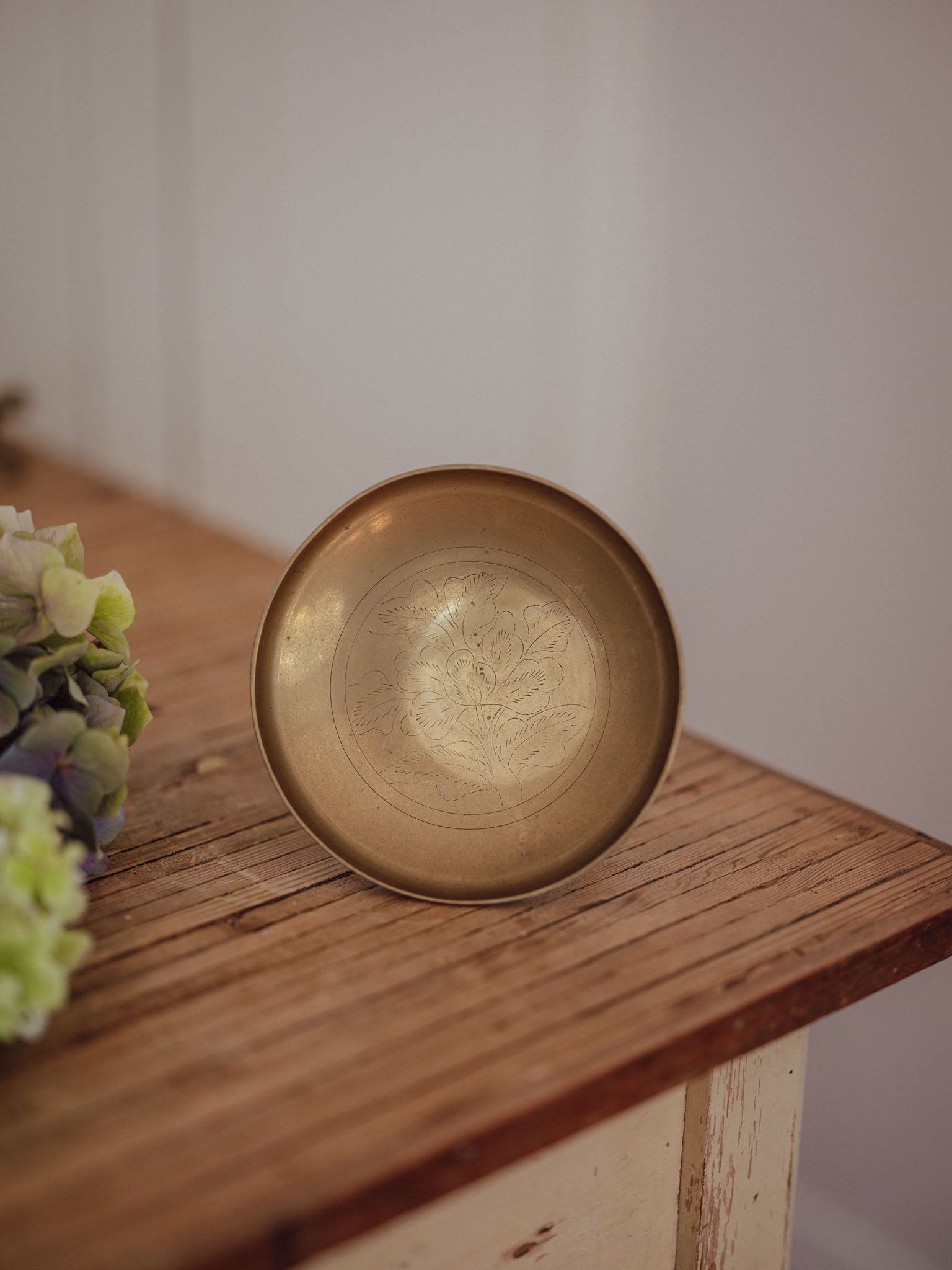 Vintage Etched Brass Pedestal Dish with Scalloped Base