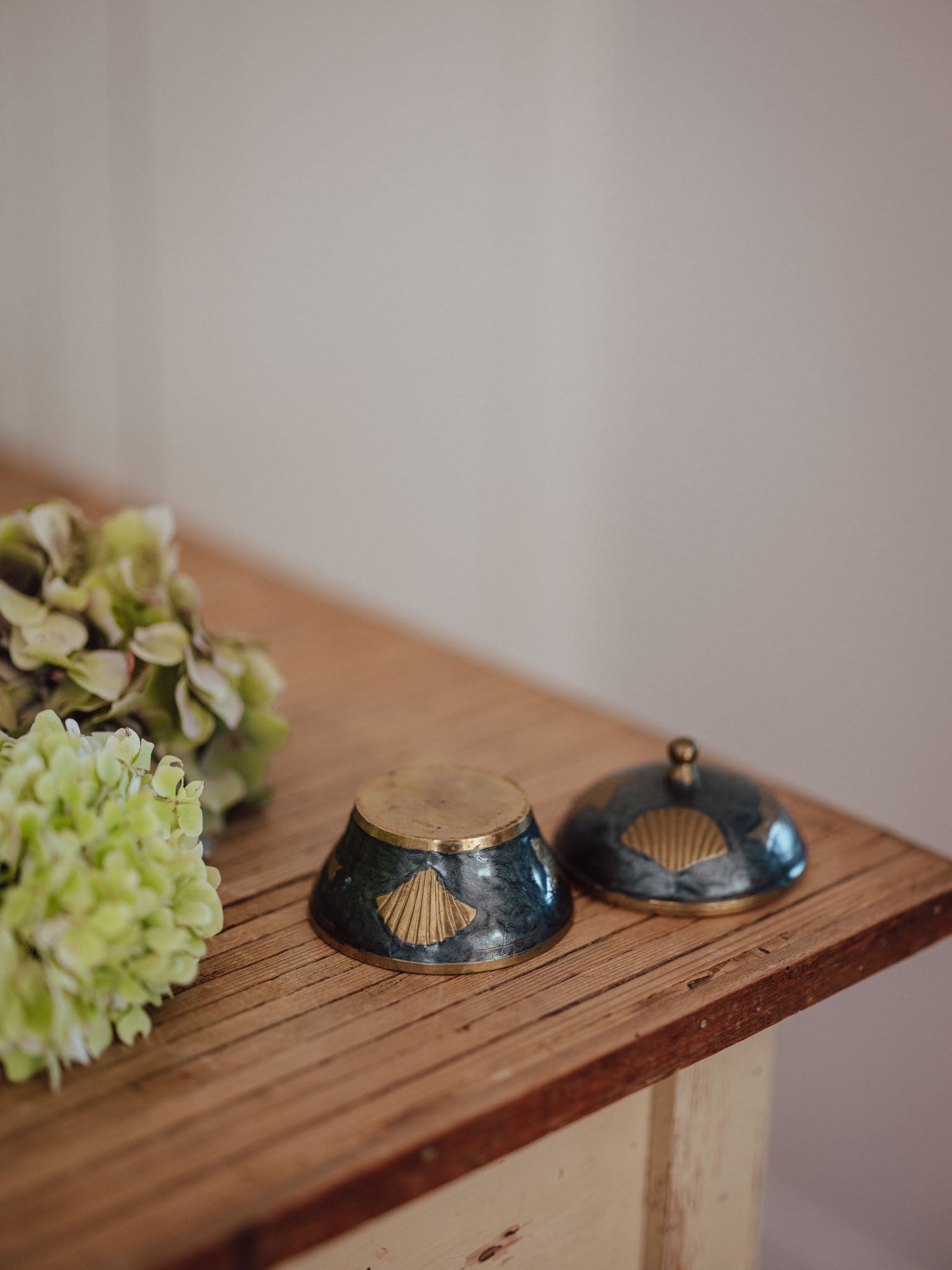Vintage Brass and Enamel Sea Themed Trinket Dish with Lid