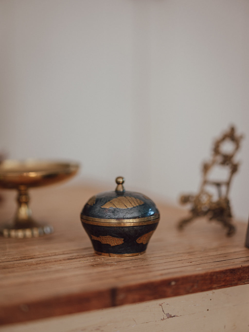 Vintage Brass and Enamel Sea Themed Trinket Dish with Lid