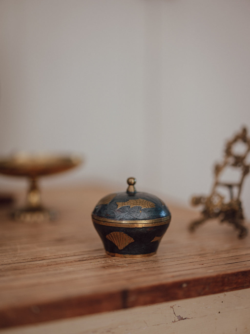 Vintage Brass and Enamel Sea Themed Trinket Dish with Lid