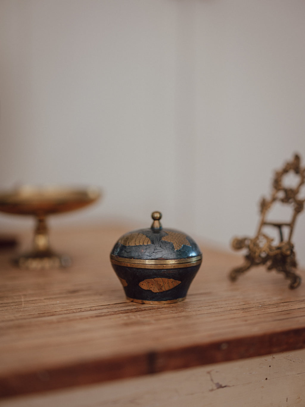 Vintage Brass and Enamel Sea Themed Trinket Dish with Lid