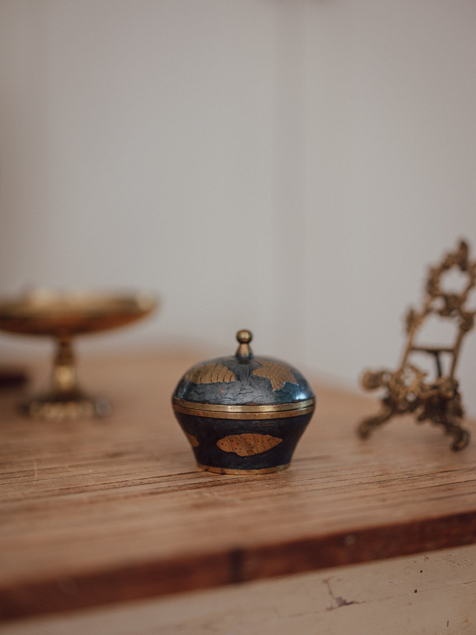 Vintage Brass and Enamel Sea Themed Trinket Dish with Lid