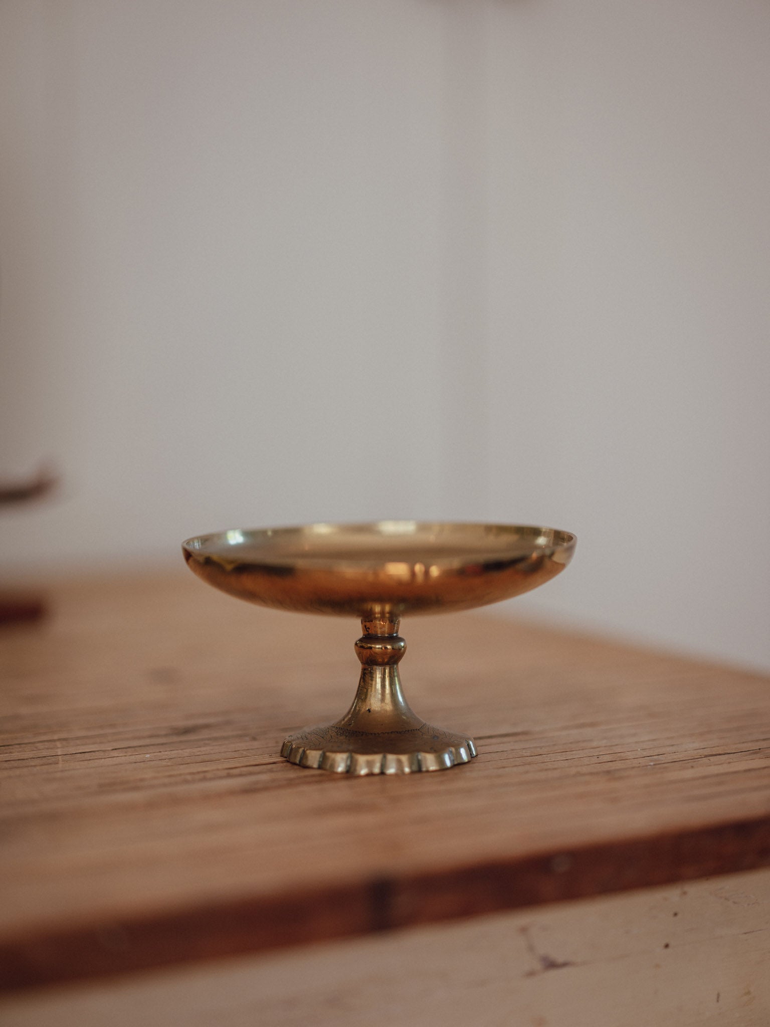 Vintage Etched Brass Pedestal Dish with Scalloped Base