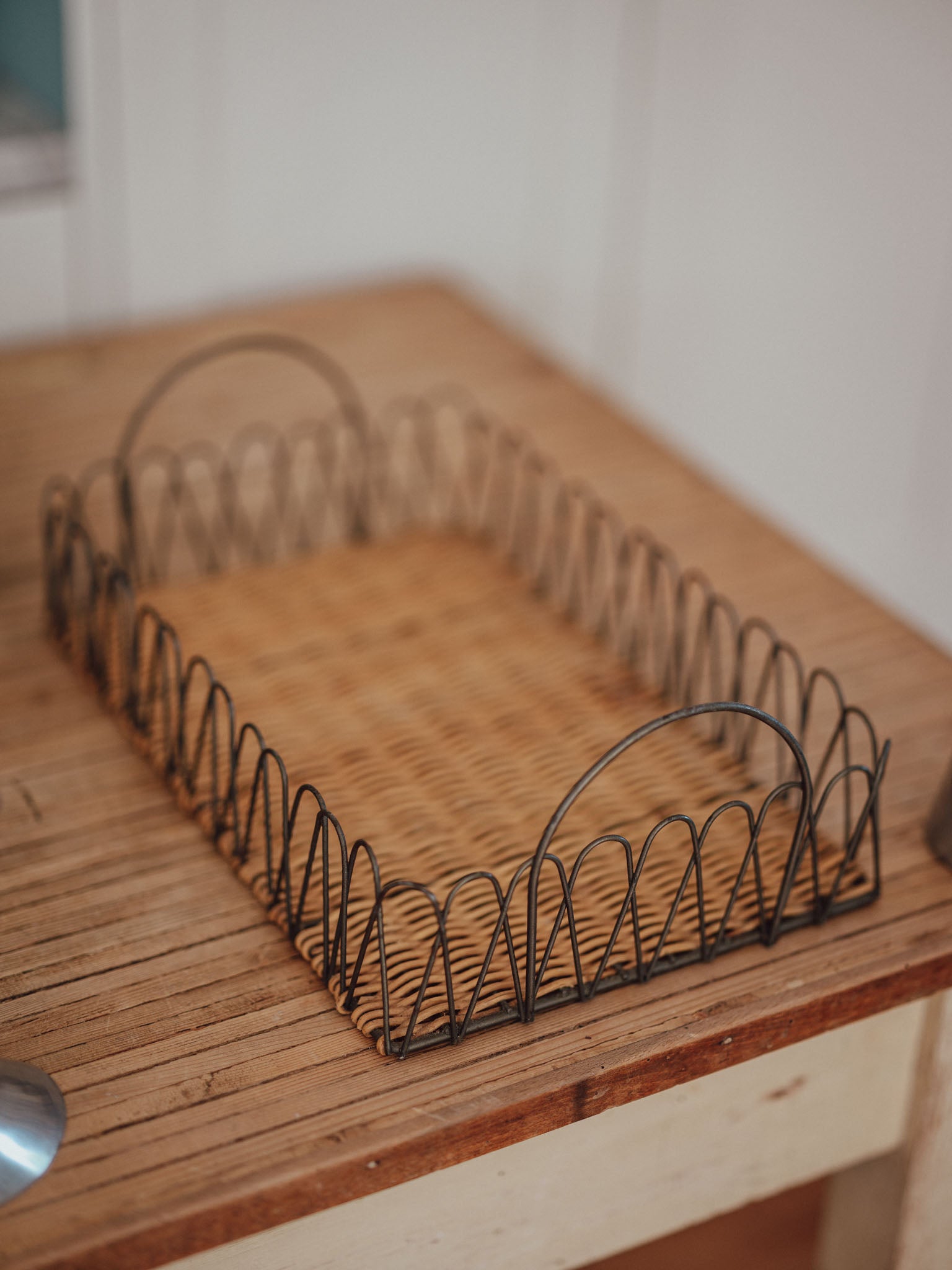Vintage Metal and Cane Serving Tray