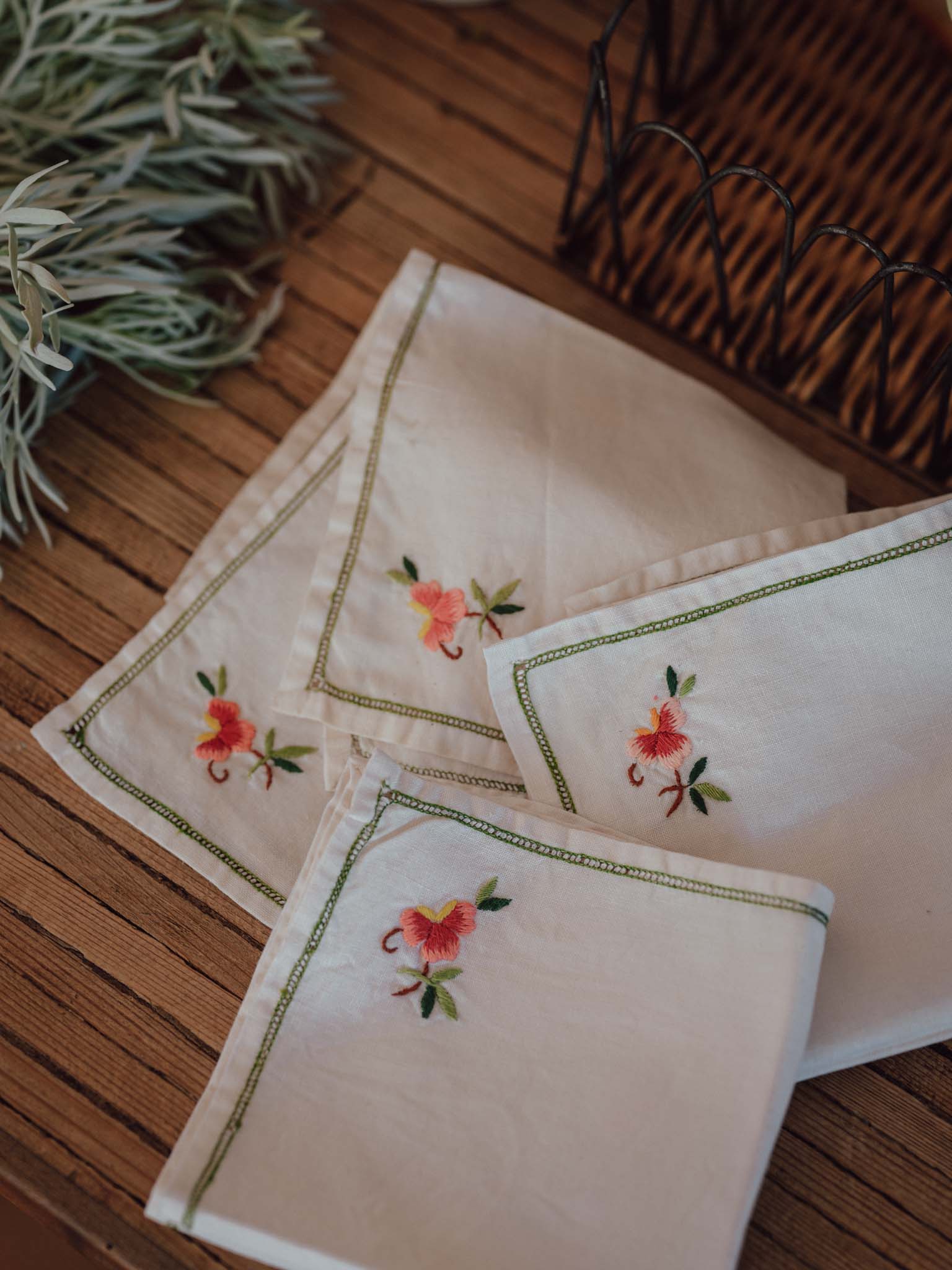 Set of Four Hand Embroidered Napkins with Floral Edging