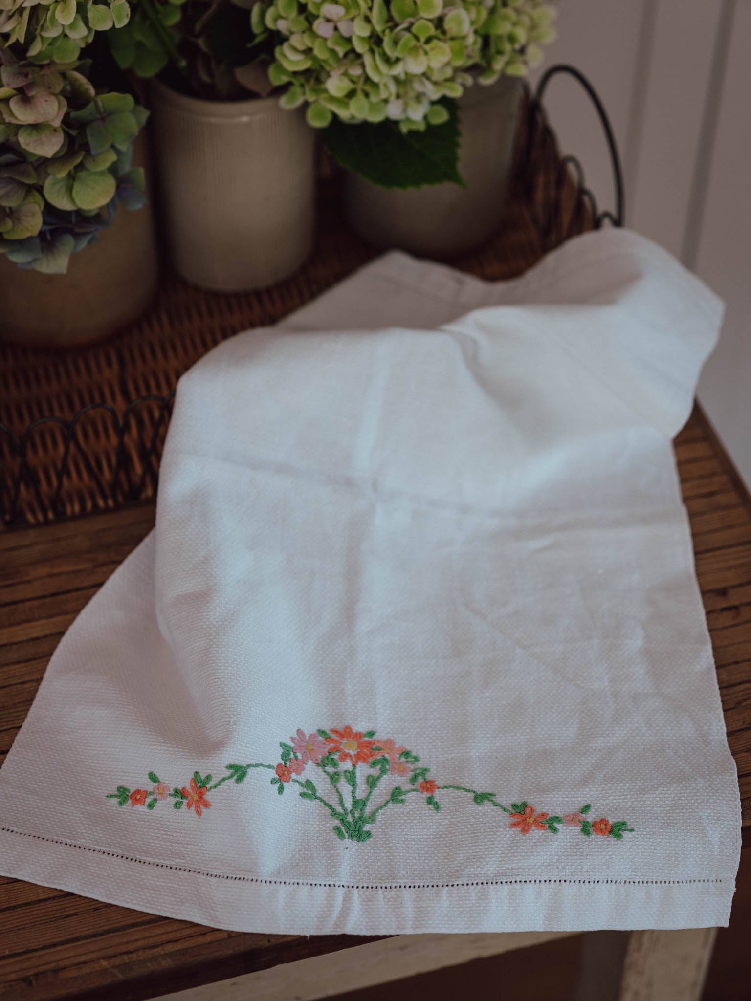 Vintage Embroidered Cotton Tea Towel with Hanger