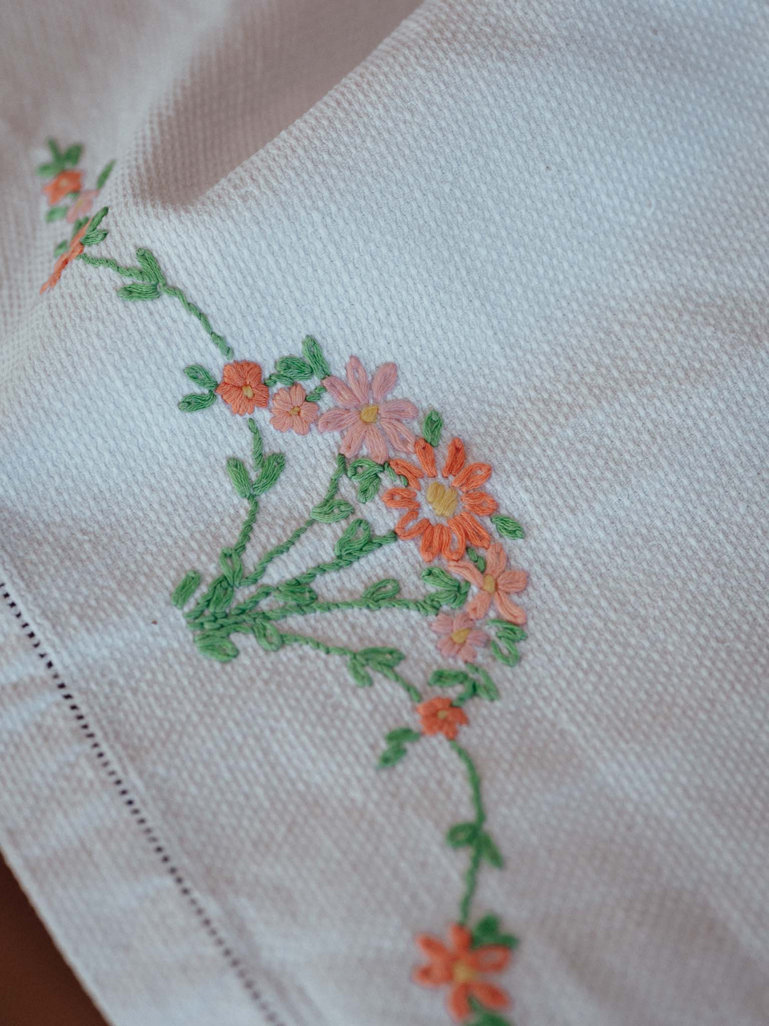 Vintage Embroidered Cotton Tea Towel with Hanger