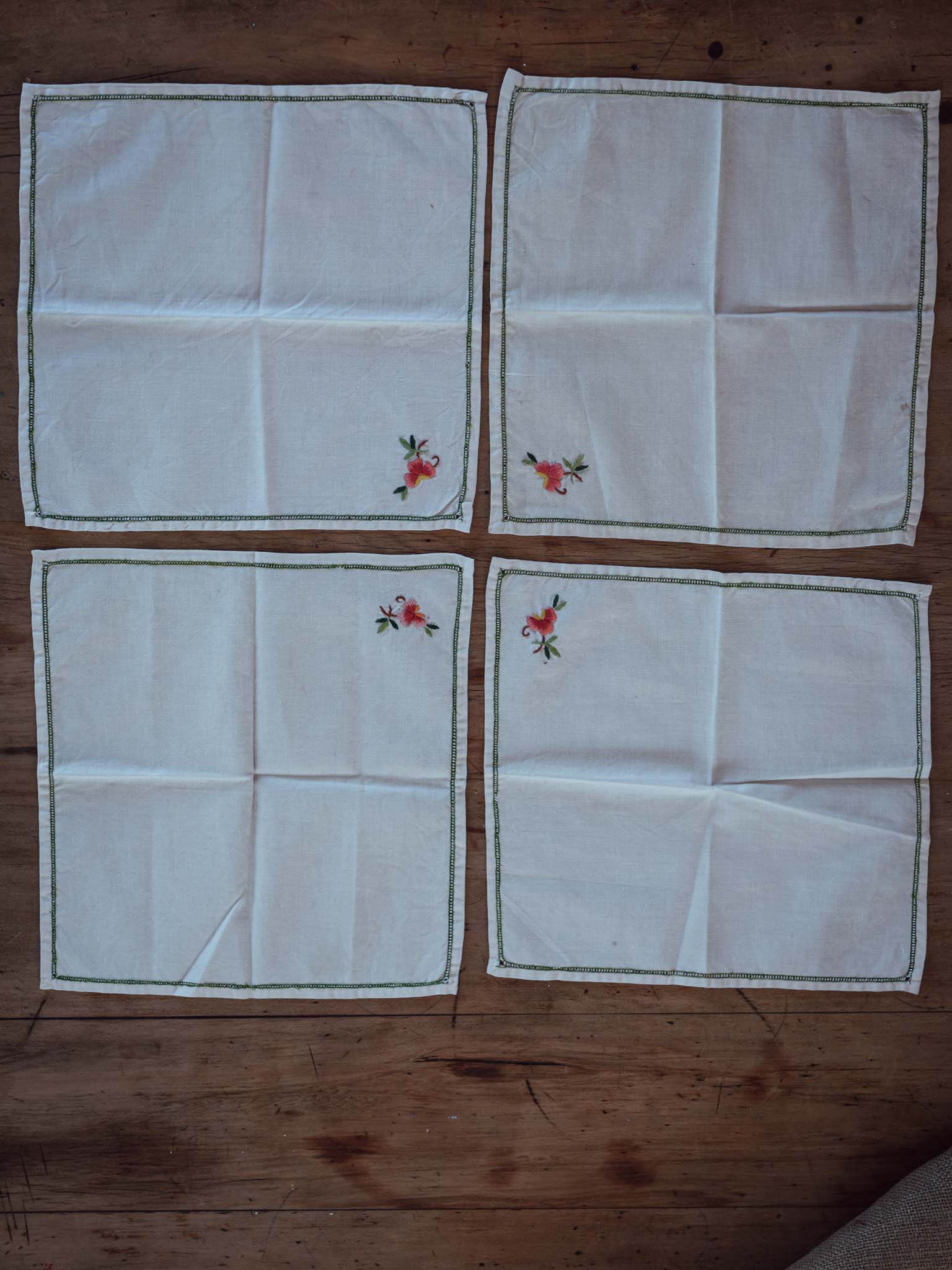 Set of Four Hand Embroidered Napkins with Floral Edging