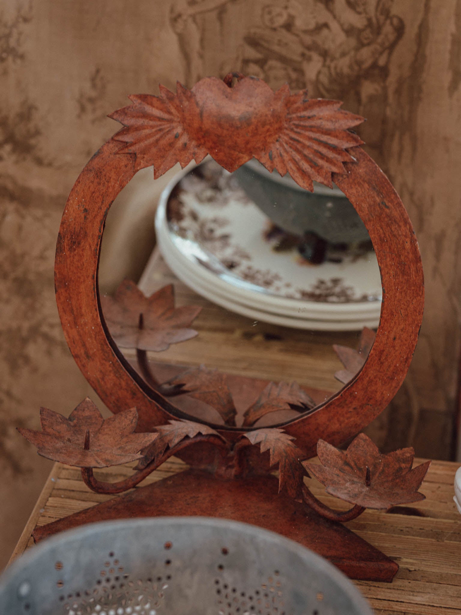 Vintage Rusted Iron Heart Mirror with Candle Holders