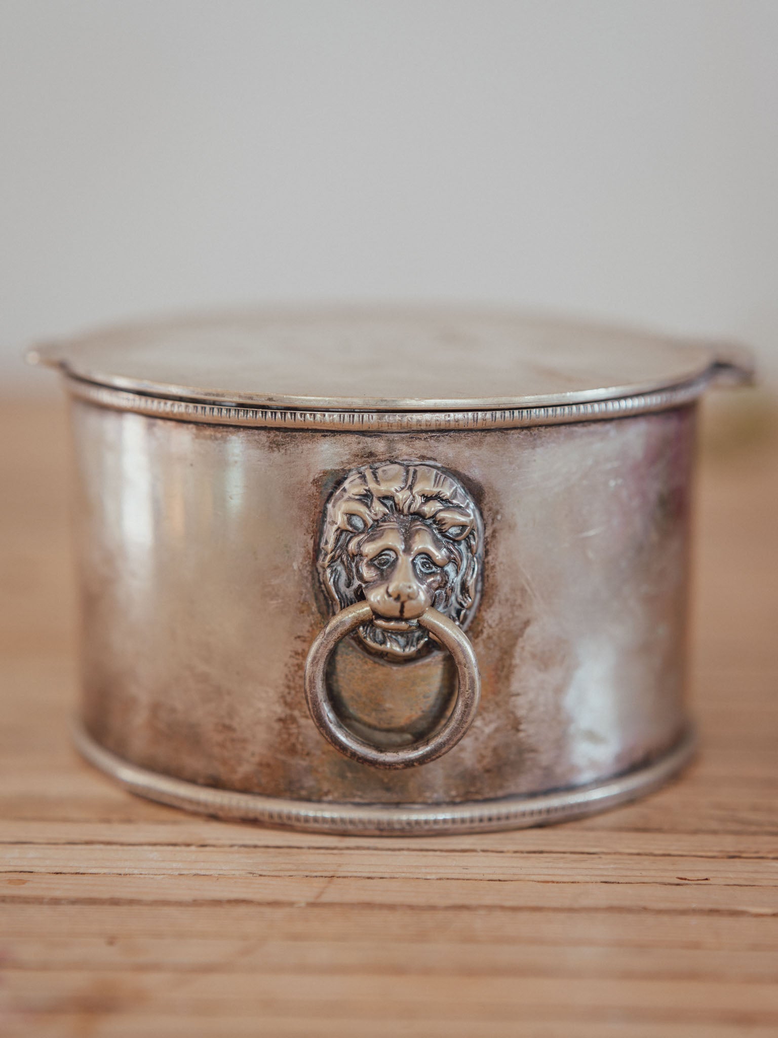 Antique Silver-Plated Trinket Box with Lion Ring Handles
