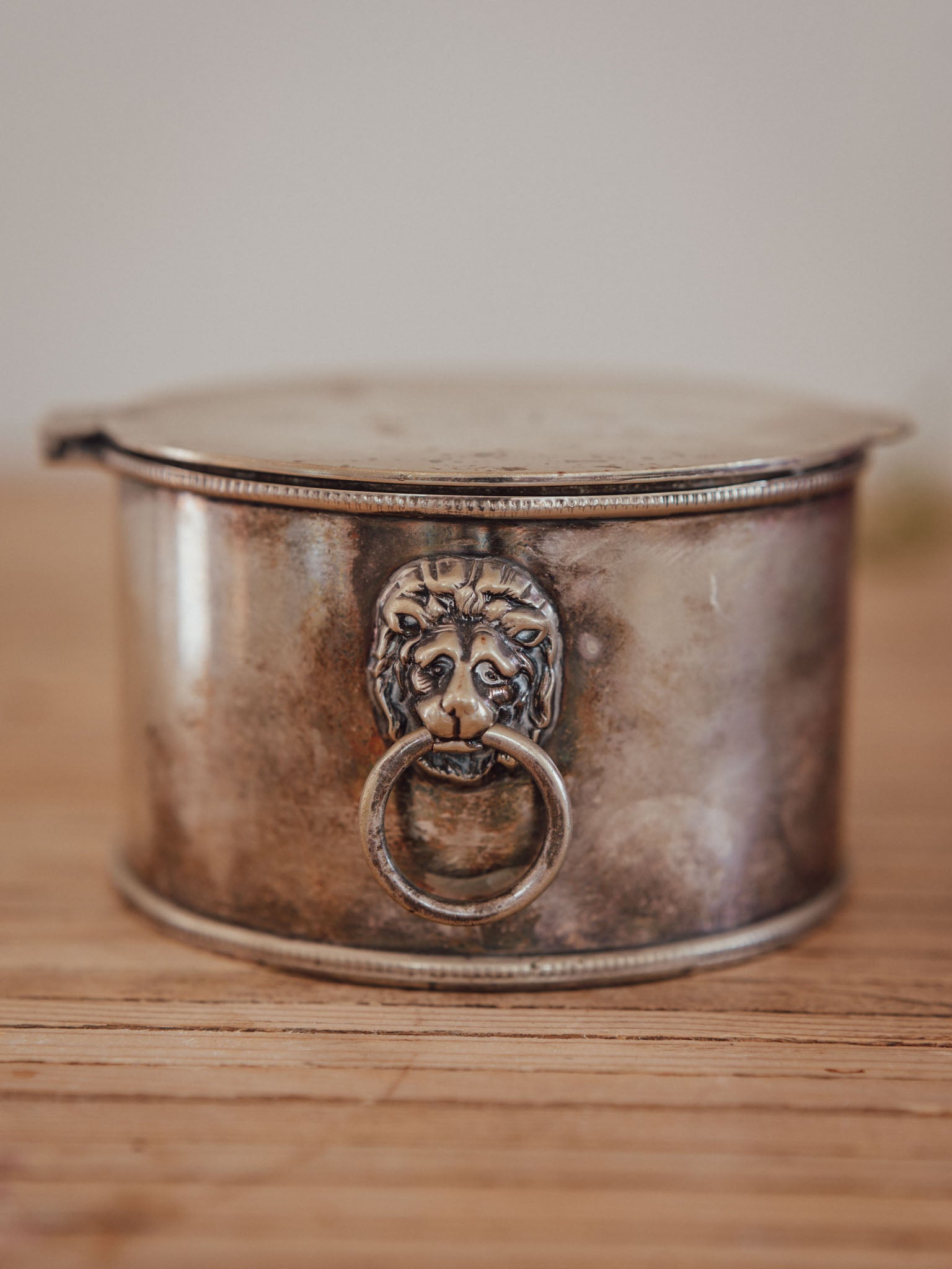 Antique Silver-Plated Trinket Box with Lion Ring Handles