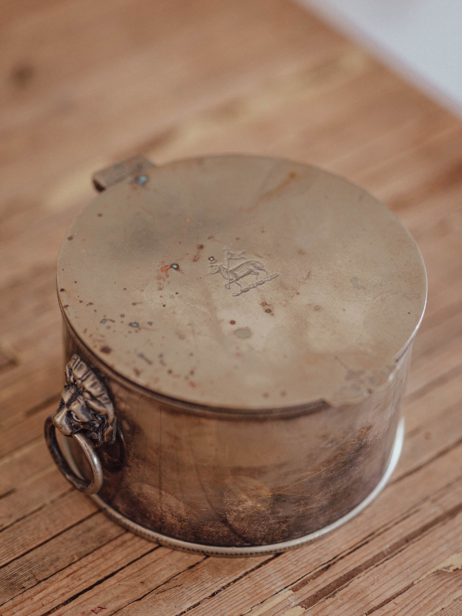 Antique Silver-Plated Trinket Box with Lion Ring Handles