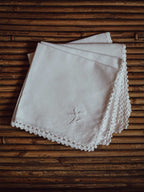Vintage White Cotton-Linen Napkins with Crochet Edge & Embroidered Detail - Set