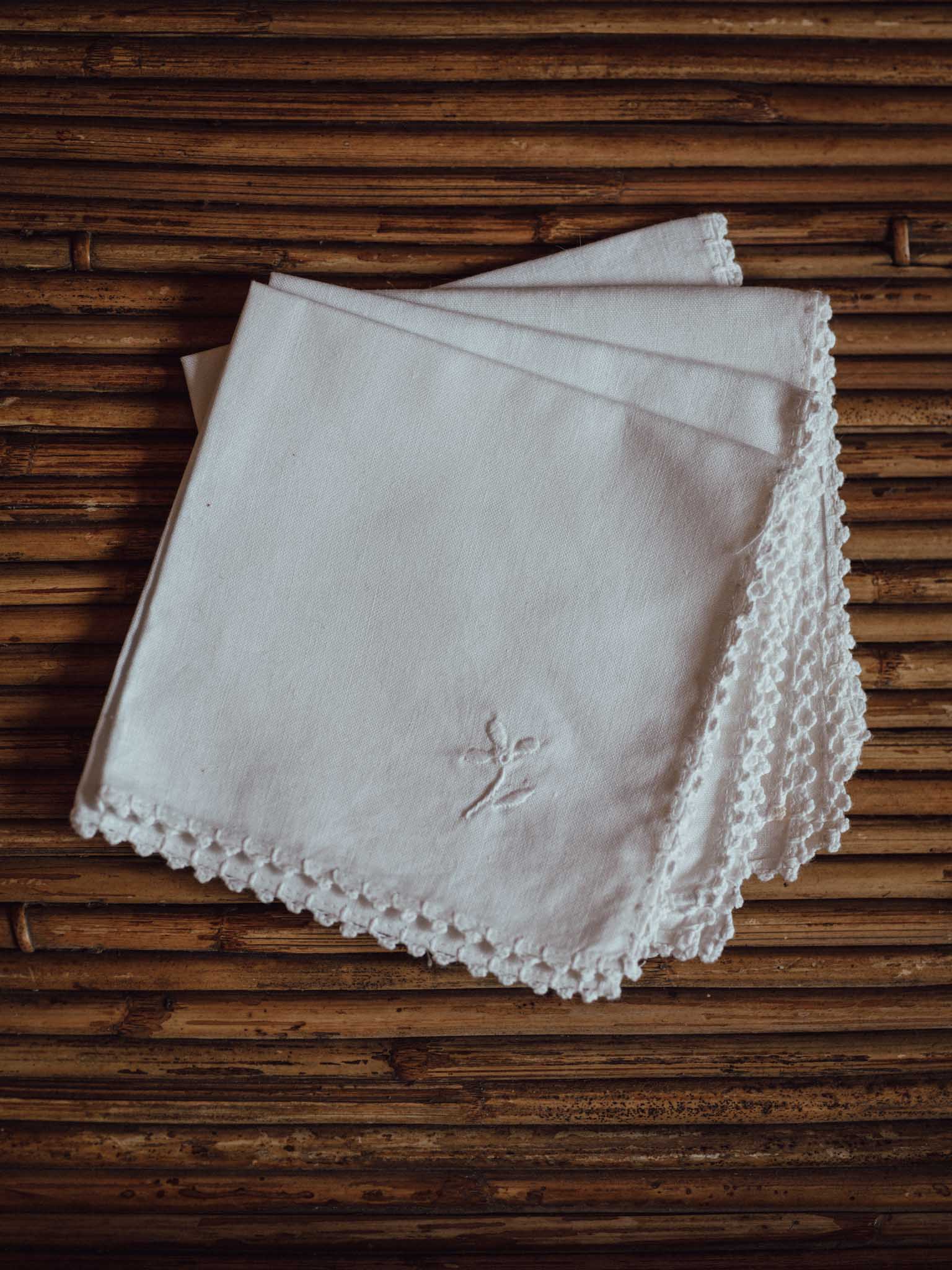 Vintage White Cotton-Linen Napkins with Crochet Edge & Embroidered Detail - Set