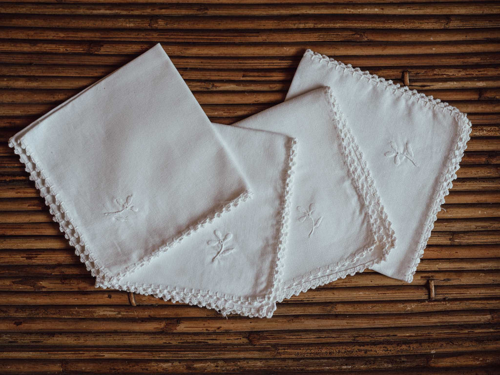 Vintage White Cotton-Linen Napkins with Crochet Edge & Embroidered Detail - Set