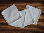 Vintage White Cotton-Linen Napkins with Crochet Edge & Embroidered Detail - Set