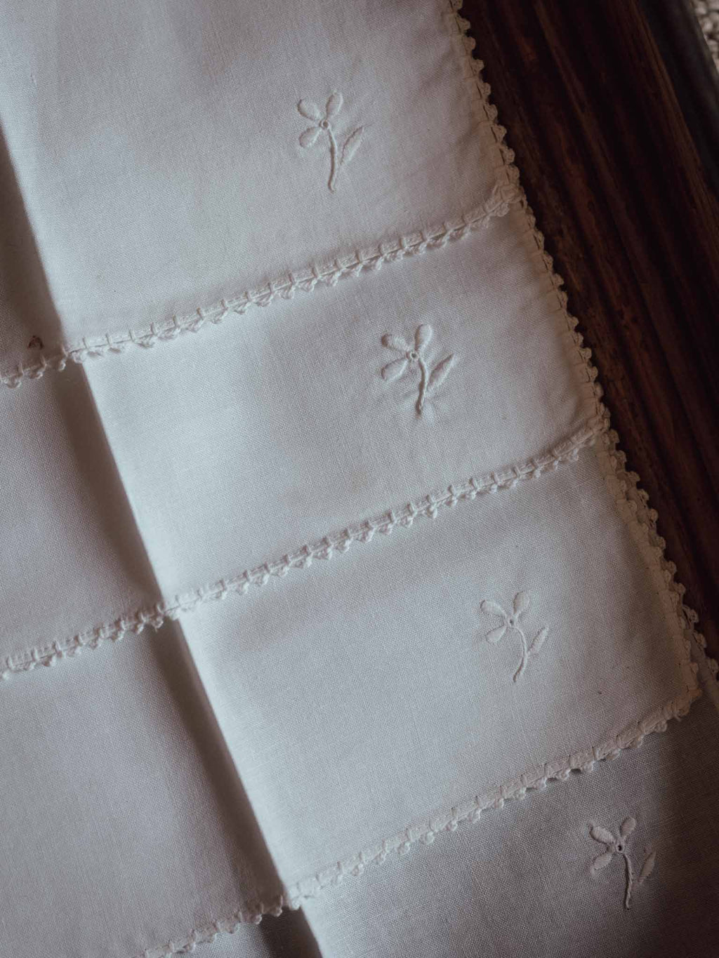 Vintage White Cotton-Linen Napkins with Crochet Edge & Embroidered Detail - Set