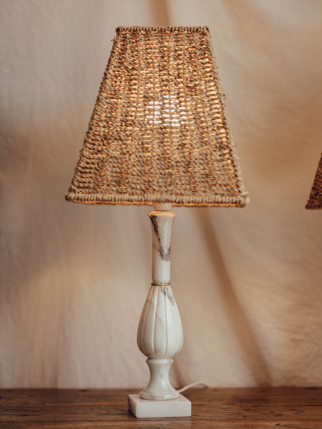 Vintage Marble Table Lamps with Rattan Shades - Pair