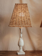 Vintage Marble Table Lamps with Rattan Shades - Pair