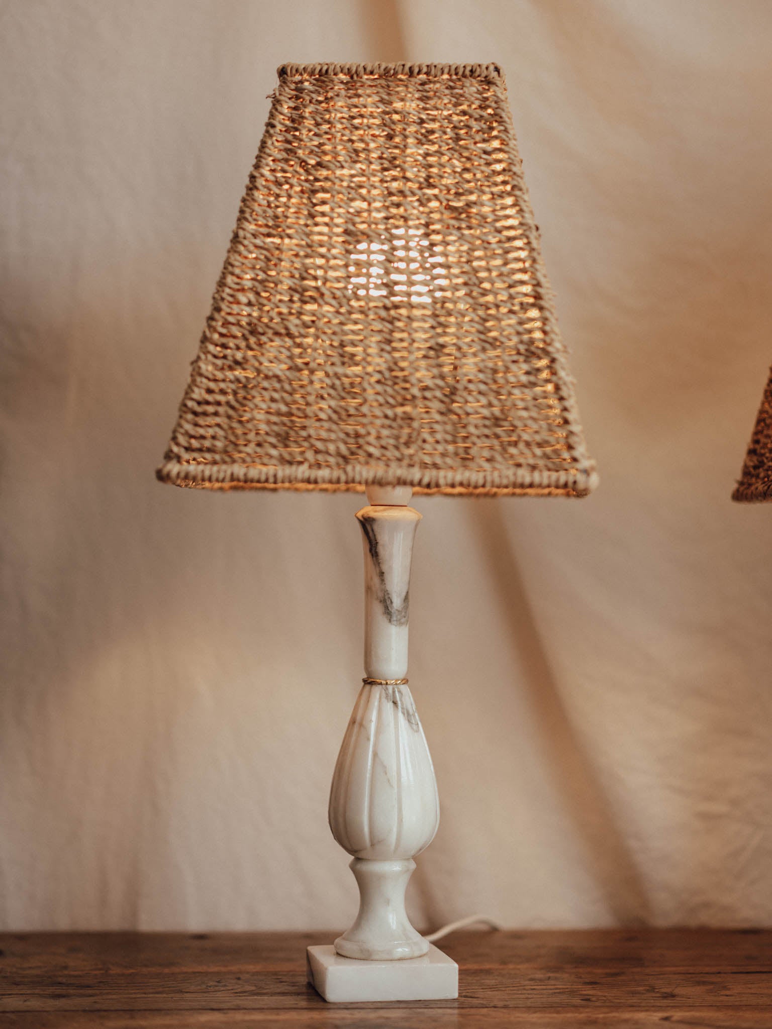 Vintage Marble Table Lamps with Rattan Shades - Pair