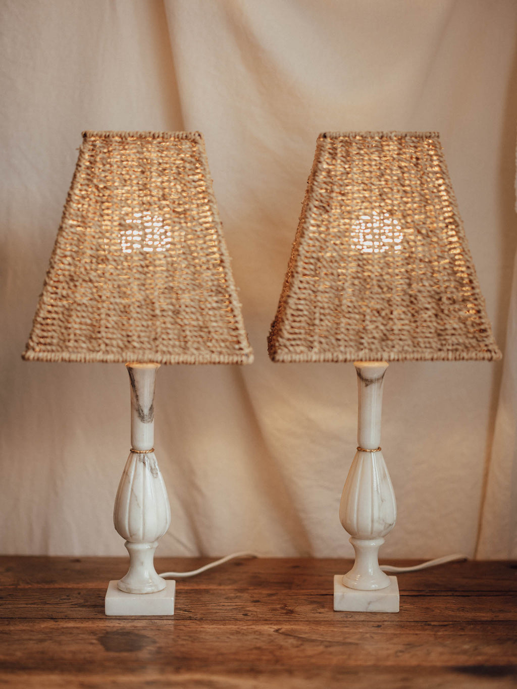 Vintage Marble Table Lamps with Rattan Shades - Pair