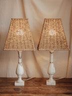 Vintage Marble Table Lamps with Rattan Shades - Pair