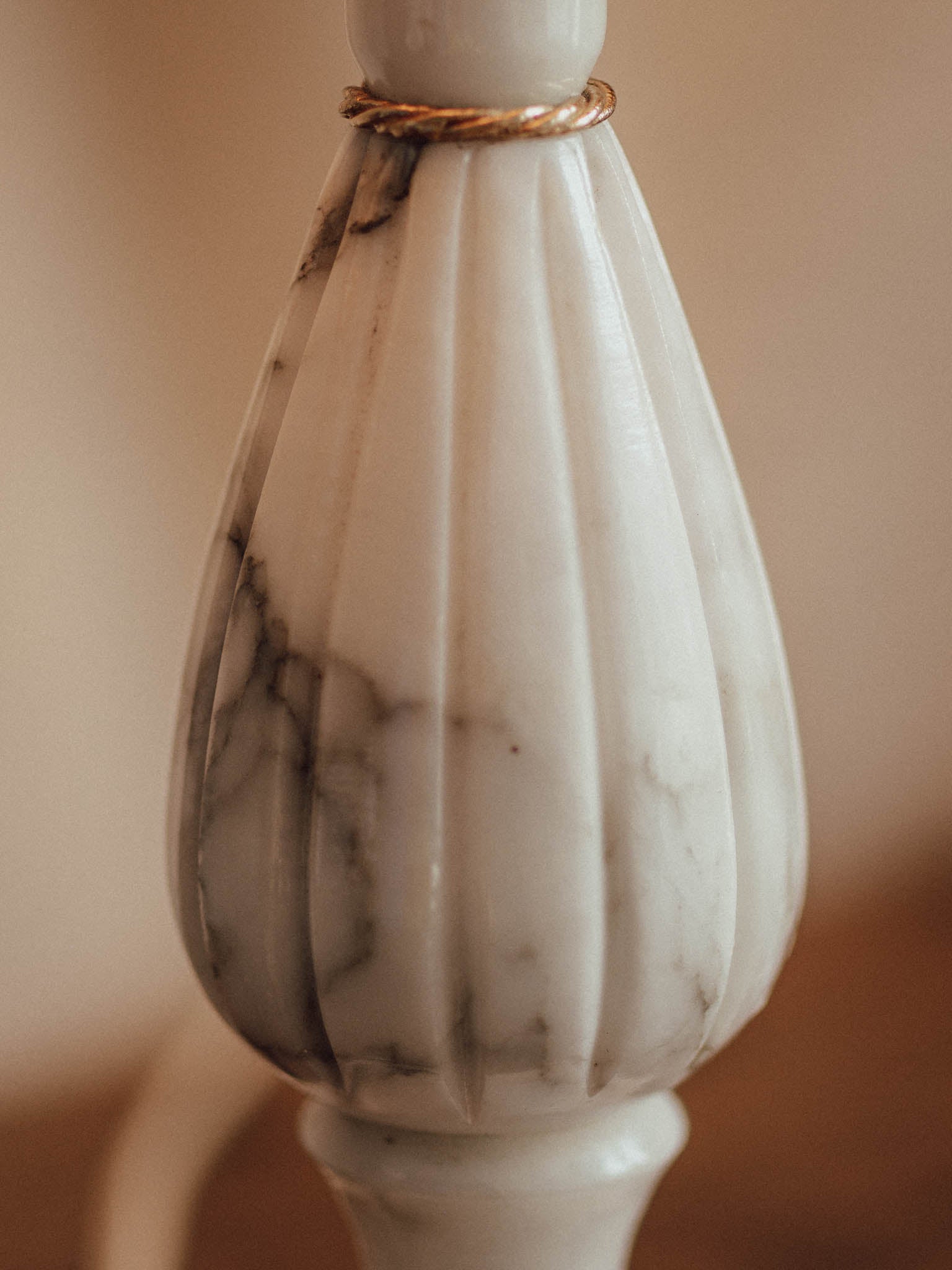 Vintage Marble Table Lamps with Rattan Shades - Pair