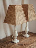 Vintage Marble Table Lamps with Rattan Shades - Pair