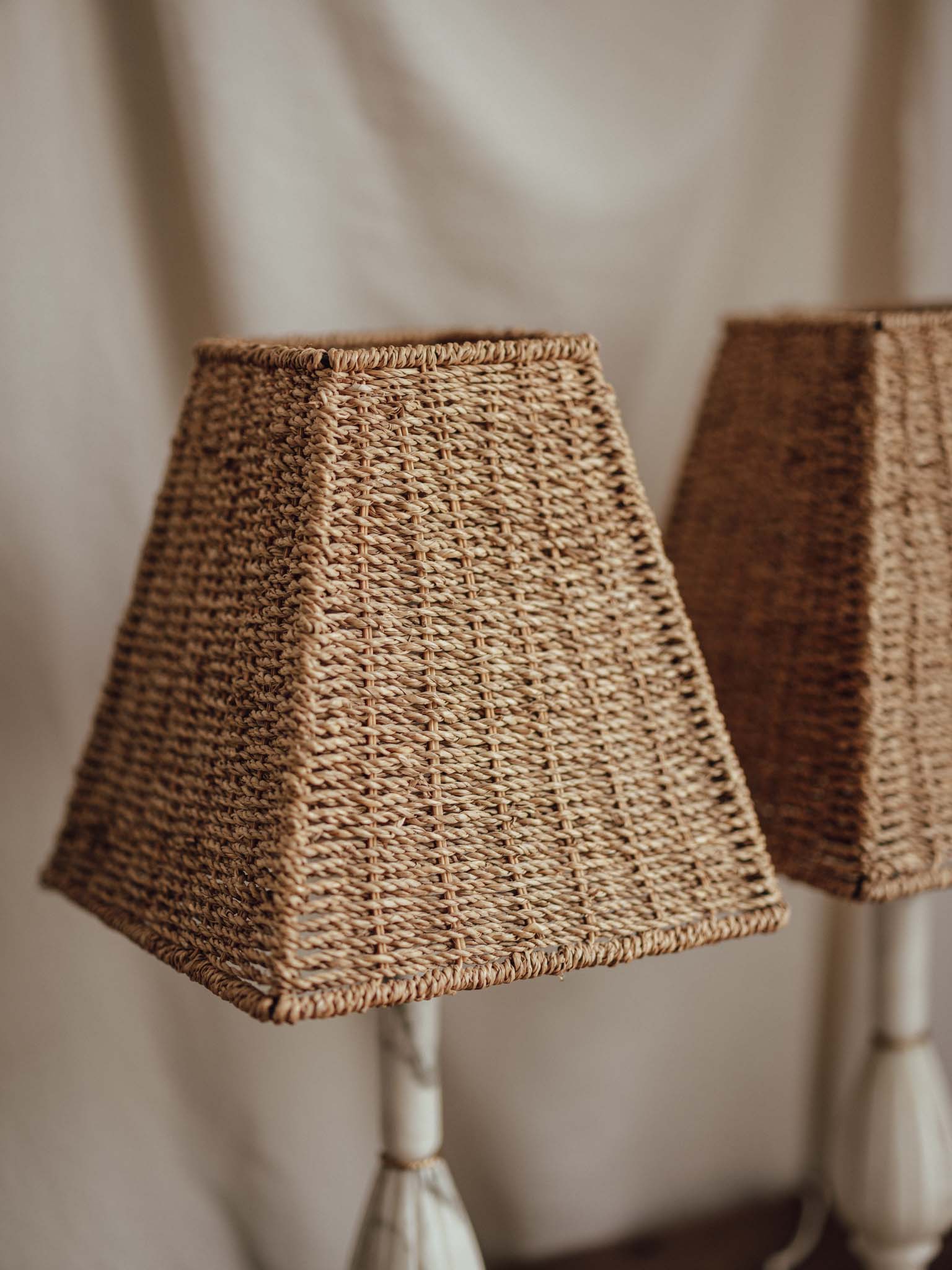 Vintage Marble Table Lamps with Rattan Shades - Pair