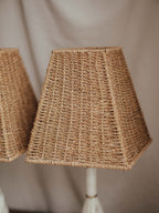 Vintage Marble Table Lamps with Rattan Shades - Pair